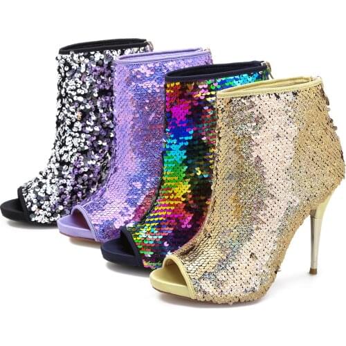 TIMETANG 2021 Women Short Ankle Sandal Boots Bling Glitter Peep Toe Platform High Heels Zip Sexy Ladies Shoes Party Night Club