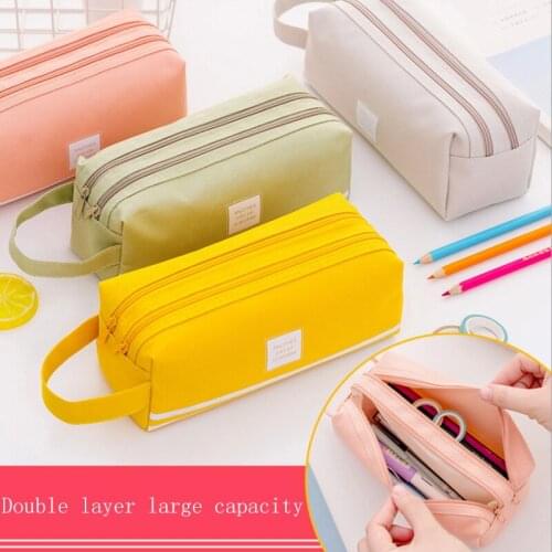 Large-capacity canvas Korea simple storage bag pencil bag cute creative student double-layer stationery box school supplies