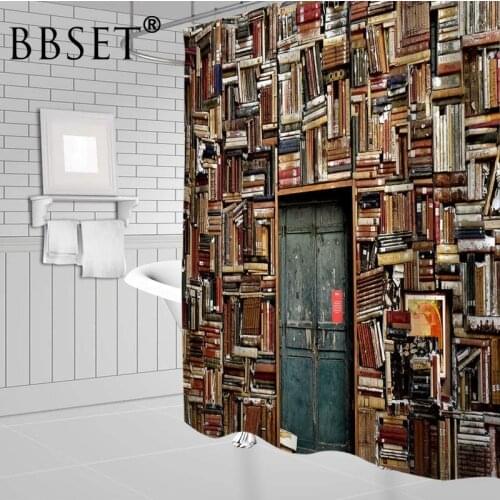 Book Room Shower Curtain Retro Library Messy Bookshelf Pattern Waterproof Multi-size Cortina De Bano Bathroom Decor with Hooks