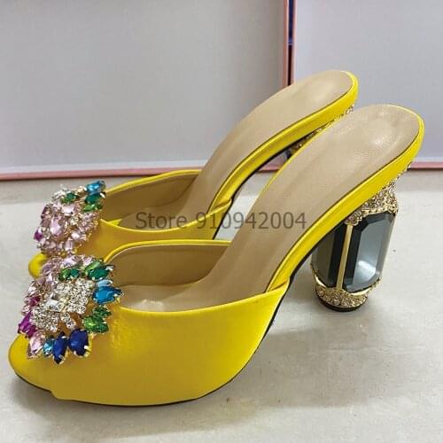 Yellow Satin Crystal High Heel Slippers Women Peep Toe Bling Bling Rhinestone Flower Stilettos Sexy Party Prom Shoes