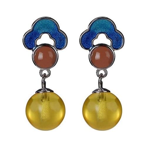 925 sterling silver Enamel Cloisonne Natural Amber ear studs Retro national trend Round beads Ladies Eardrops Earrings