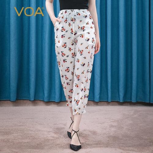 VOA 14m/m Silk Crepe-De-Chine Natural Waist Drawstring Waist Hugging Crossbody Pockets Wooden Ear Loose Cropped Harem Pants K039