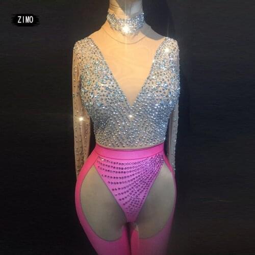 Rhinestones Jumpsuit Women Sexy pink Bodysuit Costume Stage Outfit Singer Dancer Performance jump DJ Nightclub party bar Stretch
