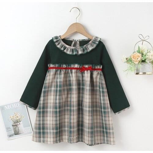 Winter 2021 Girls Dress Girls Cute Dress Long Sleeve O Neck Plaid Red Bow Shashes Cute Streetwear Dresses Vestidos 18M-6T
