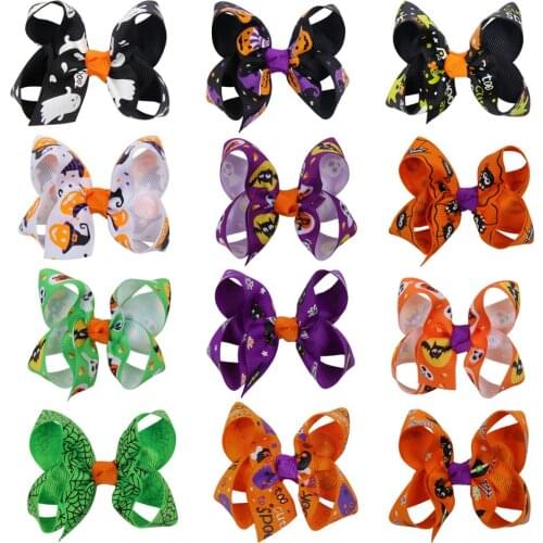 12pcs Halloween Baby Girl Hair Ring Rubber Band Hairpin Bow Pumpkin Skull Hair Clips Colorful Barrettes Accesorios Kids Headwear