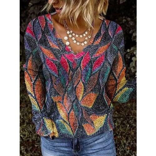 2020 Leaves Printed Women Casual Blouses Autumn Winter T Shirts V-Neck Long Sleeves Pullover Tops For Female