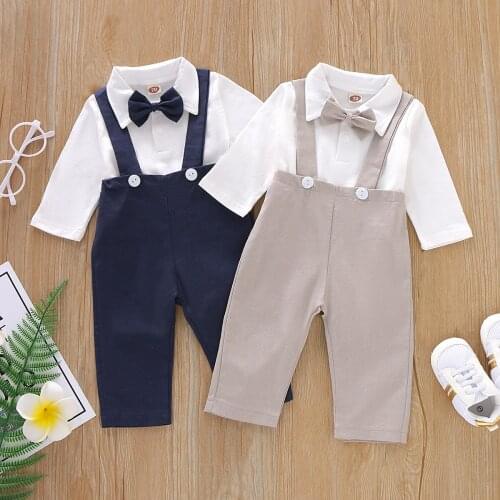 2020 Autumn Baby Boy Fall Clothes Gentleman Outfit 3PCS England Preppy Style Lapel Bodysuit White Solid Overalls Pants Tie Sets