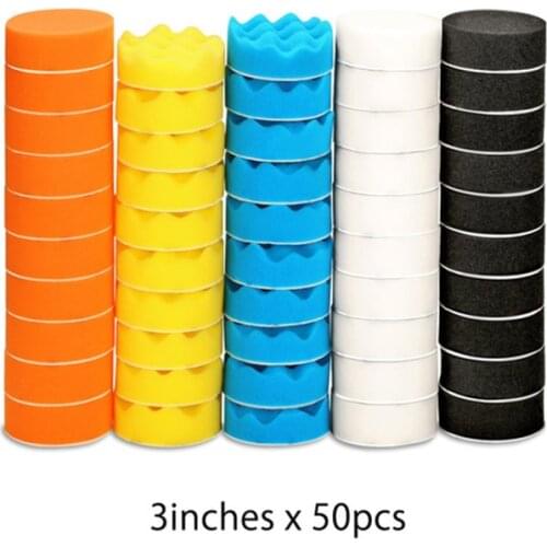 50pcs 3 Inch/75mm Diameter Polishing Pads Sponge Sanding Buffing Discs Car Cleaning Waxing Tool Orange Yellow Blue Black