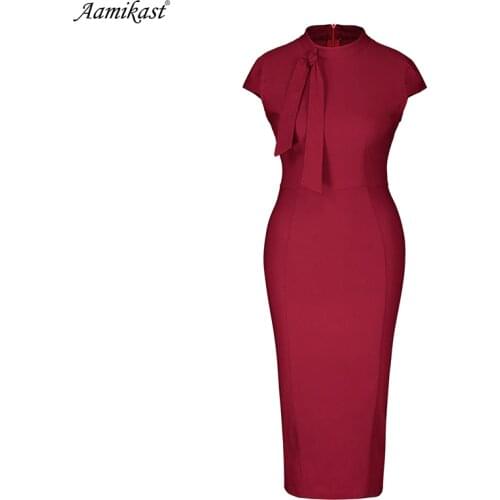Amikast Womens Elegant Ruched Bow Contrast Vintage Tunic Slim Casual Wear to Work Office Business Party Bodycon Sheath Dress
