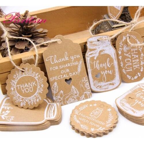 50PCS Kraft Paper Tags DIY Handmade/Thank You Multi Style Crafts Hang Tag With Rope Labels Gift Wrapping Supplies Wedding Favors