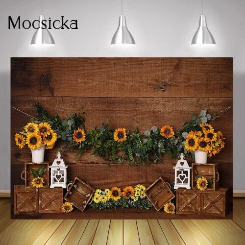Sunflowers Children Birthday Cake Smash Photography Backdrop Brown Rustic Wood Sunflower Newborn Bee Portrait Photo Background