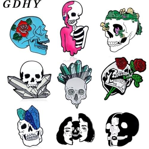 GDHY Skeleton Skull Brooc Bat Coffin Flower Rose Skull Brooch Enamel Pin Man Badge Skull Coffin Skeleton Halloween Jewelry