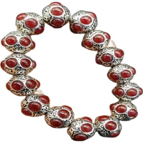 Chinese Old Tibet Silver Carving Inlaid With Red Jade Beads In Tibetan Silver Bracelet