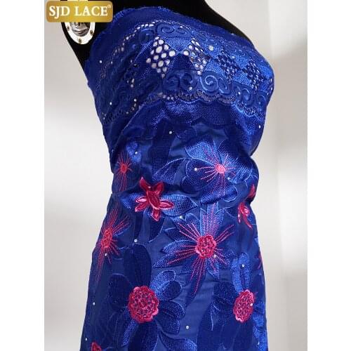 SJD LACE African Lace Fabric 2021Swiss Cotton 5Yards High Quality Dubai Voile Laces Embroidery Royal Blue Bridal Dress Sew A2522