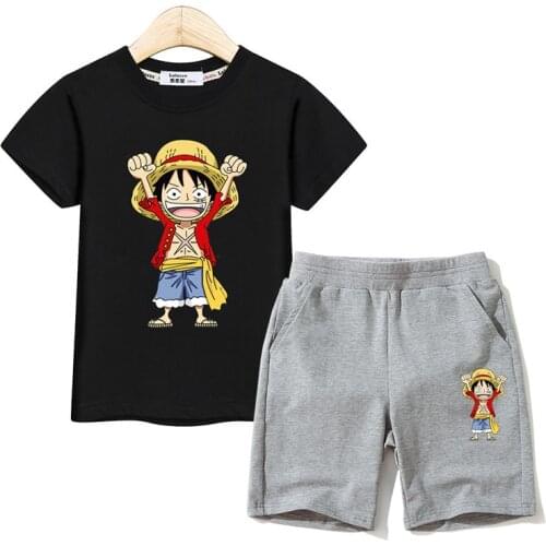 Little boy summer outfits Luffy tees +cotton shorts 2pc sets kids cartoon costumes one piece king clothes fashion boys suits
