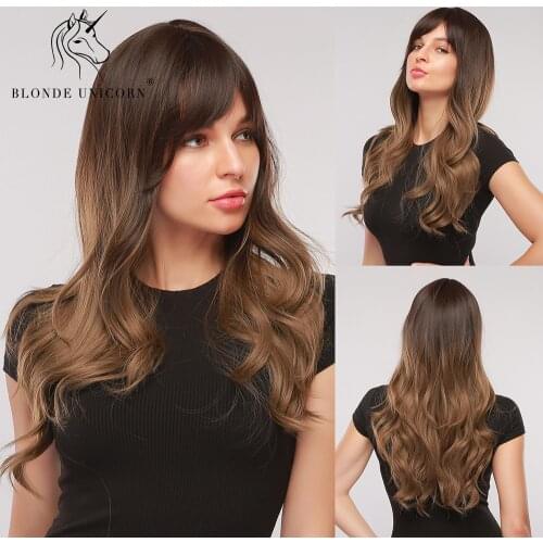Blonde Unicorn Medium Long Natural Wavy Dark Root Ombre Brown Wig With Side Bangs For Women Synthetic Hair Wigs Heat Resistant