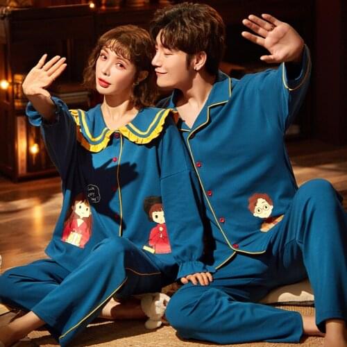 PUREcotton Turn-down Collar ButtonDown Long Sleeve Trousers Boy Girl Pajama Jammies Autumn Couples Lovers Nightwear Pyjamas CKE