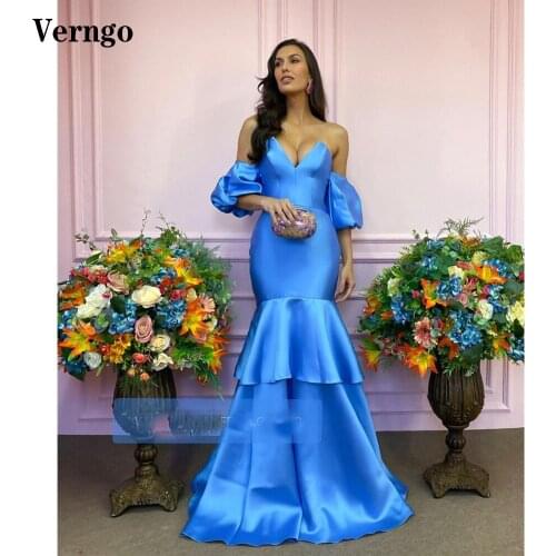 Verngo Elegant Sky Blue Satin Mermaid Evening Dress Sweethear Short Sleeves Tiered Skirt Long Prom Gowns Event Formal Dress