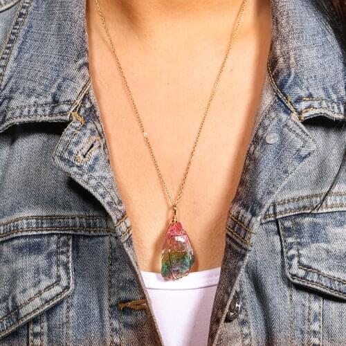 Seven Colors Natural Stone Wrap Crystal Pendant Transparent Multicolor Chain Necklace Necklace