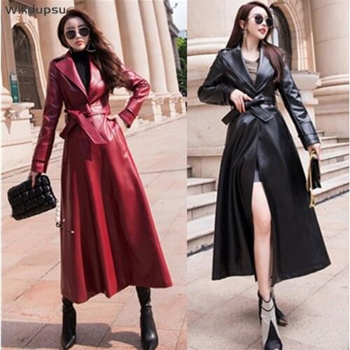 2021 Winter New PU Faux Leather Jacket Women Extra Long Black Red Leather Trench Coat Windbreaker Korean Lady Overcoat Plus Size