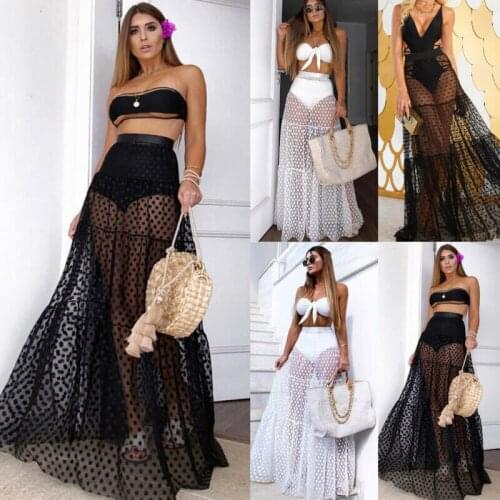 Women Mesh Sheer Maxi Skirt Wrap Skirt Beach Tulle See Through Dress Beachwear Swimwear Bikini Wear Cover Up Lace Crochet Dress
