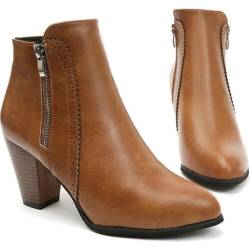 NEW Women Ankle Boots Fashion PU Leather Boots High Heel 8cm Ladies Shoes Side Zipper Short Boots for Women Shoes Drop Ship43