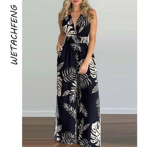 Female Jumpsuits Sexy V Neck Bohemian Print Summer High Waist Long Pants 2021 Fashion One Piece Outfit Plus Size Rompers Clothes