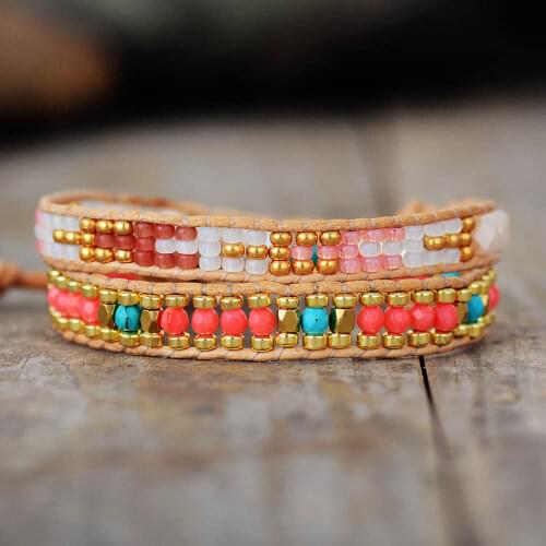 Women Leather Wrap Bracelets W/ Coral Stone Beaded 2 Layers Statement Strand Bracelet Bohemian Jewelry Wholesale