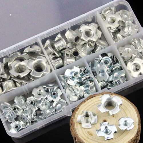 80pc/box M3 M4 M5 M6 M8 Galvanized four Claws Nut wood inset Speaker T-nut Embedded fastener Screw cap Furniture Hardware