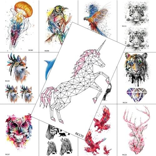 Watercolor Unicorn Line Painting Temporary Tattoos Realistic Sheets Sticker For Women Fake Body Art Arm Chest Legs Tattoos Deal