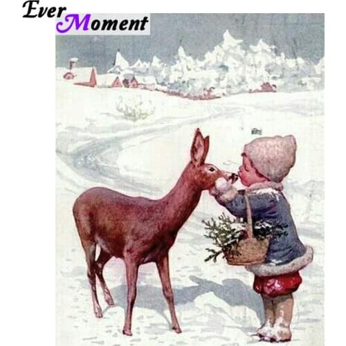 Diamond Painting Little Girl Kissing Deer Winter Snow DIY Diamond Embroidery Painting Wall Picture Full Mosaic Kits ASF663