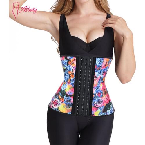 Atbuty Steel Boned Waist Trainers Rose Printing Waist Corsets Latex Slimmer Hooks Closure Body Control for Postpartum Women