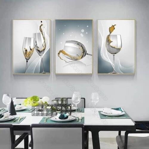 Nordic Style Canvas Painting Wall Poster Red Wine Glasses with Art Golden Fluid for Living Room Bedroom Restaurant Wall Decor