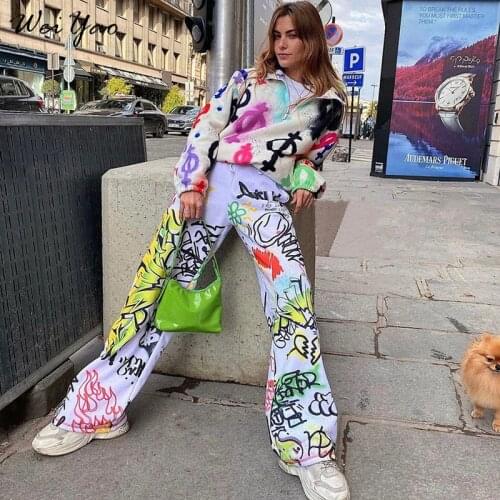 WeiYao Y2k Graffiti Pants Hippie Wide Leg High Waist Baggy Aesthetic Trouser Harajuku Streetwear Women White Straight Sweatpants