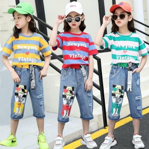Kids Boy Baby Girls Clothes Jeans Set Fashion Letter Top T-shirt Hole Cartoon Denim Pants 2Pcs Suits Summer Childrens Clothing