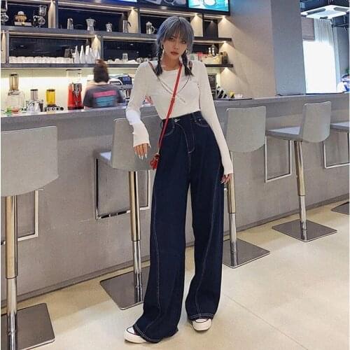 Womens Plus Size 5XL Straight Jeans Harajuku Fashion High Waist Wide Leg Pants Ins Streetwear Chic Ladies Denim Pants