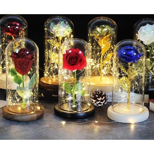 Dropshipping Beauty and the Beast Red Rose in a Glass Dome with LED Light Wooden Base for Valentines Christmas Day Gifts