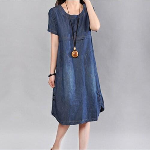 Denim Dress Summer For Women 2020 New Plus Size Loose Fashion Round Neck Short Sleeve Dress Female Casual Dress Jeans Tops K734