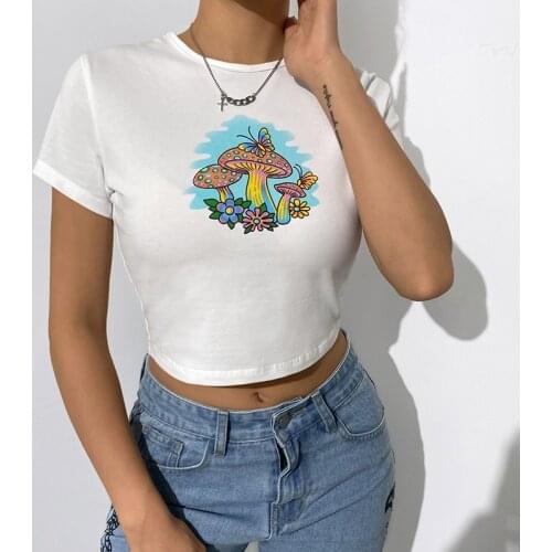 Harajuku Print Kawaii Y2K Woman Tshirts Summer 2021 New Fashion Cropped Tees White O Neck Short Sleeve Casual T-Shirt