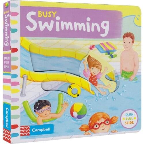 Campbell Busy Swimming push pull slide movable Mechanical book English picture flap board book infant kids early education toy