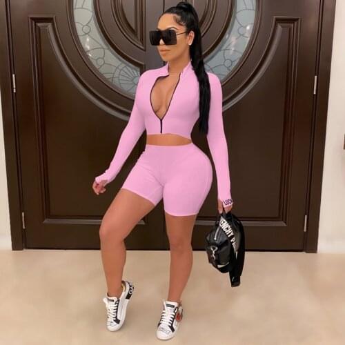 TNNAOFF Sexy Rib 2 Piece Tracksuits Women Set Long Sleeve Zip Tops Summer Fashion Jogger Biker Shorts Lounge Wear Matching Sets