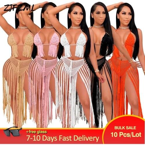 Bulk Items Wholesale Lots Swimwear Women Bikini Outfits Handmade Crochet Tassels Splcied Crop Top Beach Style Maxi Skirt Suits