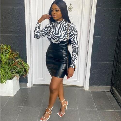 Printed PU Leather Mini Dress with Invisible Zipper