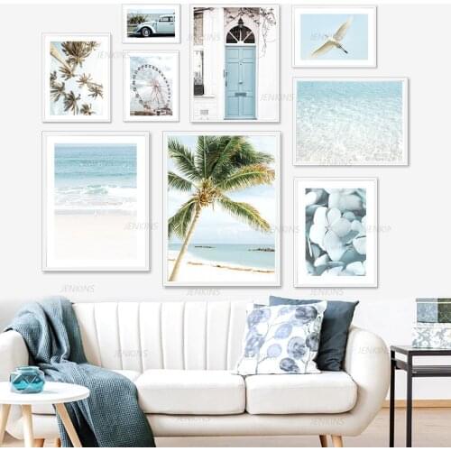 Wall Art Seascape Beach Flower Palm Tree Sea Bird Canvas Painting Nordic Posters and Prints Wall Pictures for Living Room Decor