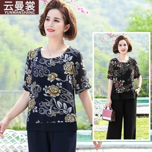 Mom 2021 new summer Chiffon short sleeve suit middle-aged and old womens printed foreign style thin sweater two-piece set