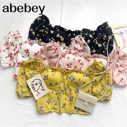 2021 New Summer Sweet All-match square collar puff sleeve Shirt Edible Tree Fungus slim short floral Shirt Top