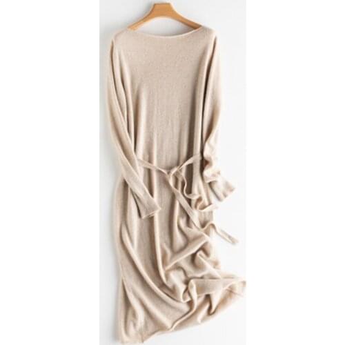 Pure cashmere dress womens long section over the knee Autumn and winter tie round neck loose thick sweater dress