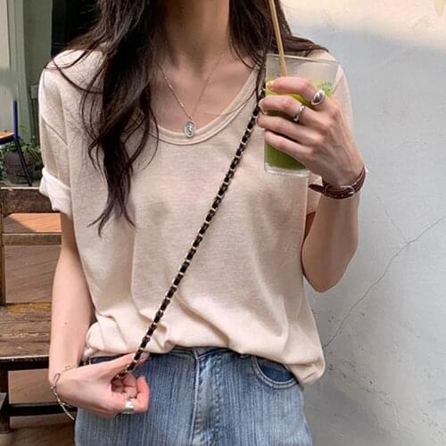 Casual Summer t Shirt Short Sleeve Chic T-Shirt Women Korean Solid O-Neck Tshirt Tops Clothing Female