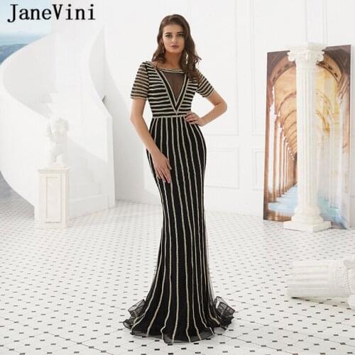 JaneVini Luxury Crystal Dubai Long Evening Dresses 2019 Scoop Neck Sparkling Beaded Sexy Mermaid Black Tulle Formal Party Gowns