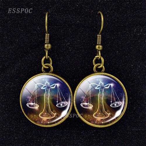 Zodiac Dangle Earrings 12 Zodiac Signs Glass Cabochon Long Dangle Earring Vintage Bronze Earrings for Women Zodiac Jewelry Gifts